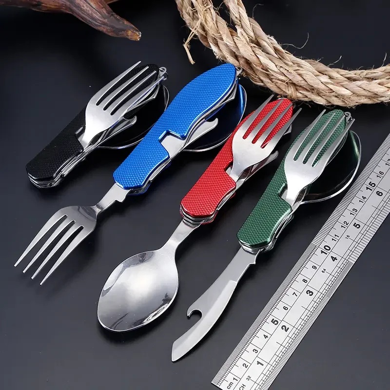 Outdoor Camping Dining Set - Edelstahl-Besteck 4-in-1 Outdoor-Picknick-Besteck Klappbares Messer Gabel